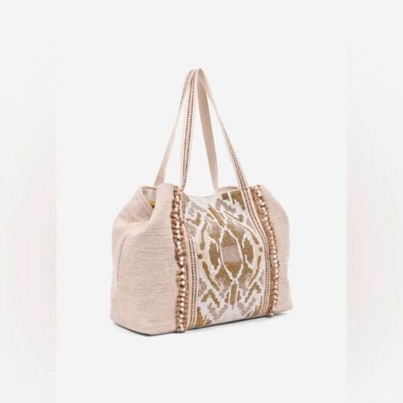 America & Beyond Hand Beaded Neutral Colored Wild Nights Tote Bag NWT - Picture 1 of 8